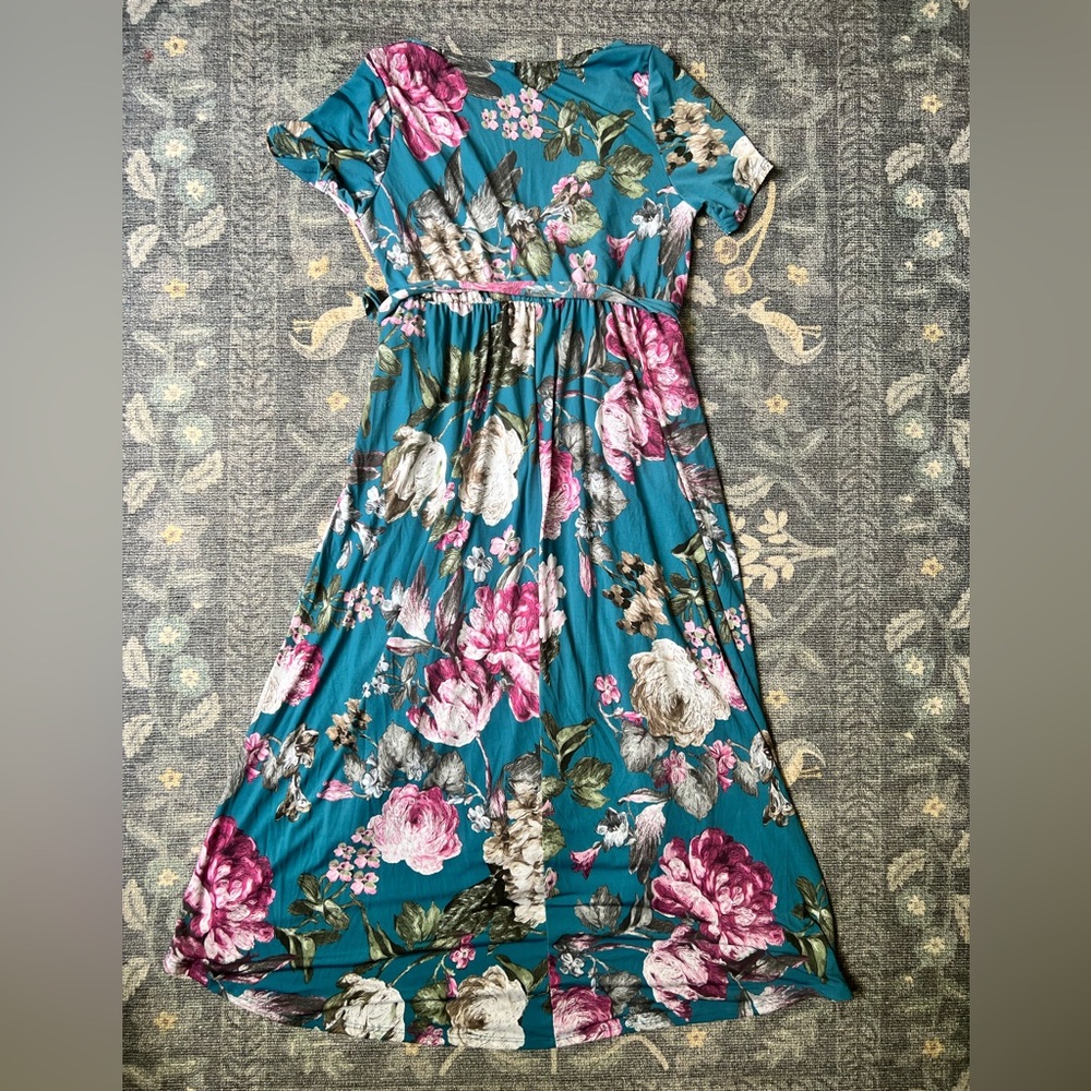 Teal Floral Wrap Midi Dress with Belt - Picture 2 of 6